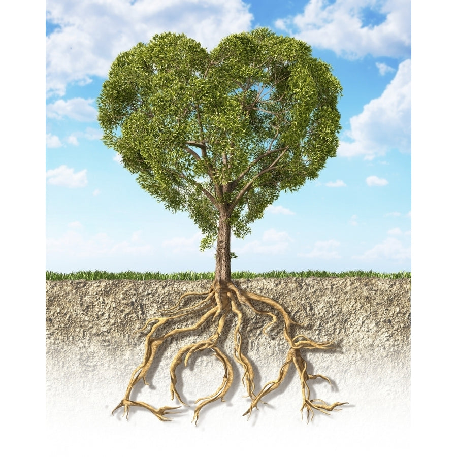 Cross section of soil showing a heart-shaped tree with its roots as text Love Poster Print Image 1