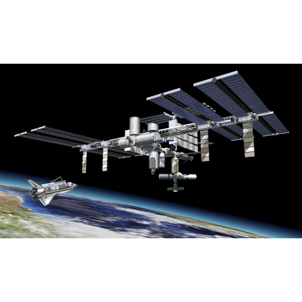 Space station in orbit around Earth with space shuttle Poster Print Image 2