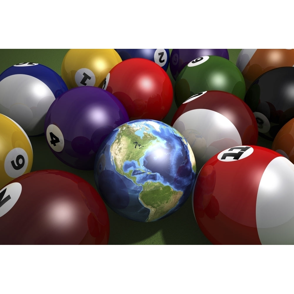 Pool table with balls and one of them as planet Earth Poster Print Image 1