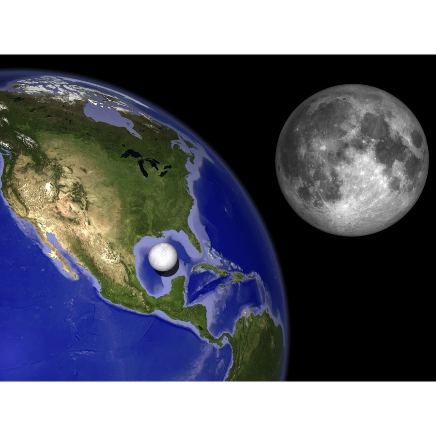 Illustration of Enceladus in front of the Earth and next to Earths moon Poster Print Image 1