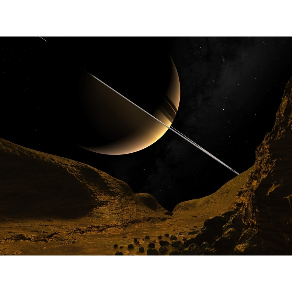 Illustration of Saturn from the icy surface of Enceladus Poster Print Image 2