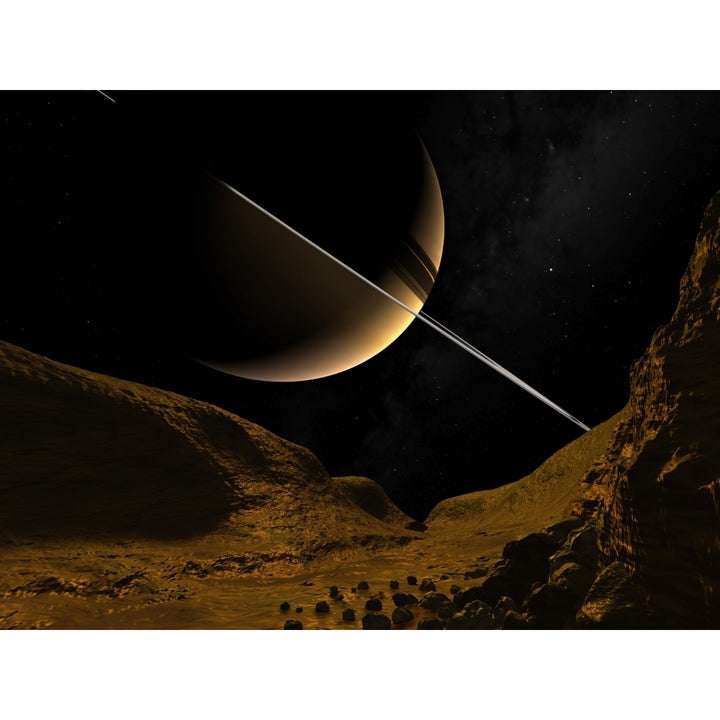 Illustration of Saturn from the icy surface of Enceladus Poster Print Image 1