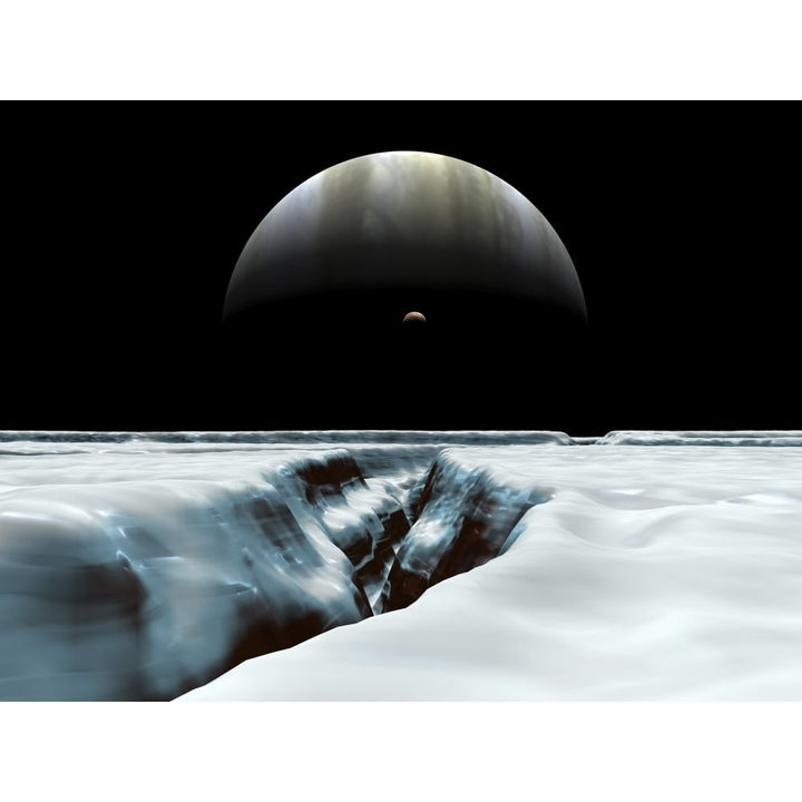 A crescent Jupiter and volcanic satellite Io hover over the horizon of the icy moon of Europa Poster Print Image 2