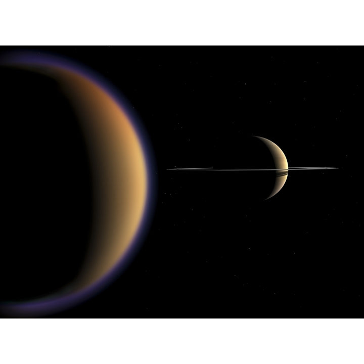 Artists concept of Saturn and its moon Titan Poster Print Image 1