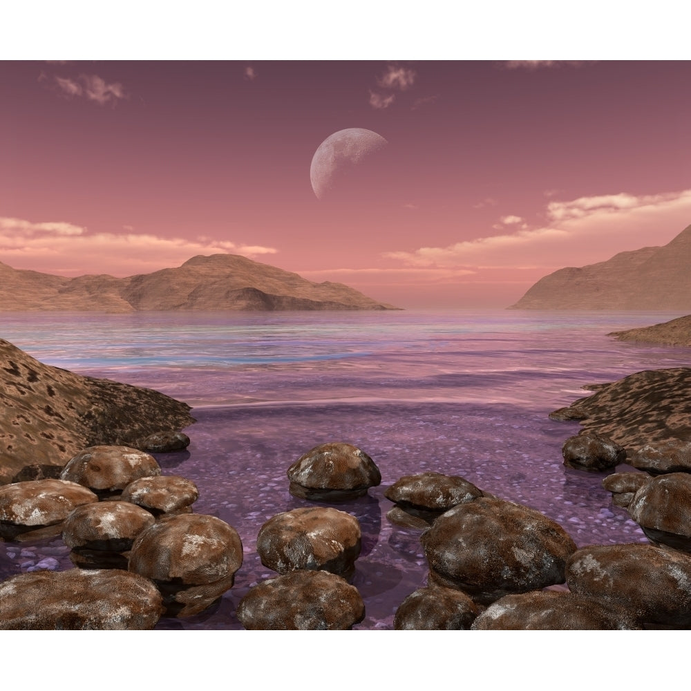 Artists concept of Archean stromatolites on the shore of an ancient sea Poster Print Image 1