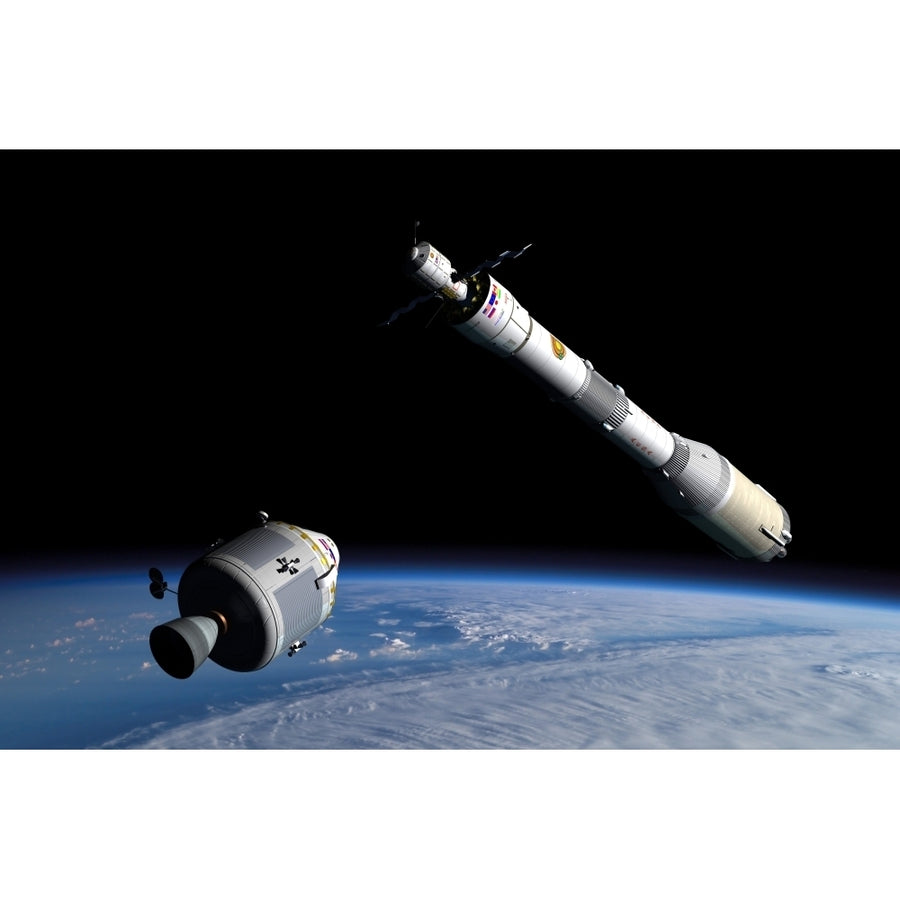 A command module approaches an awaiting rocket in Earth orbit Poster Print Image 1