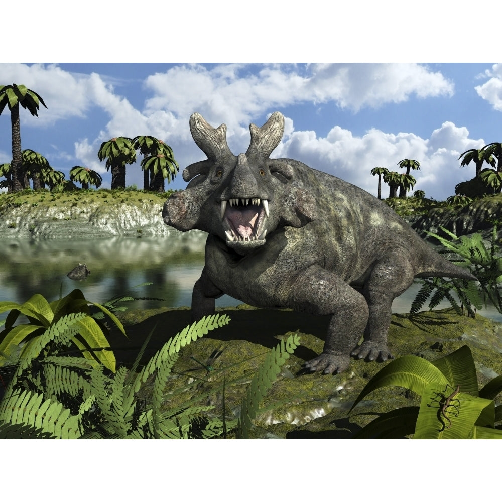 An Estemmenosuchus mirabilis stands before a lake 255 million years ago Poster Print Image 1