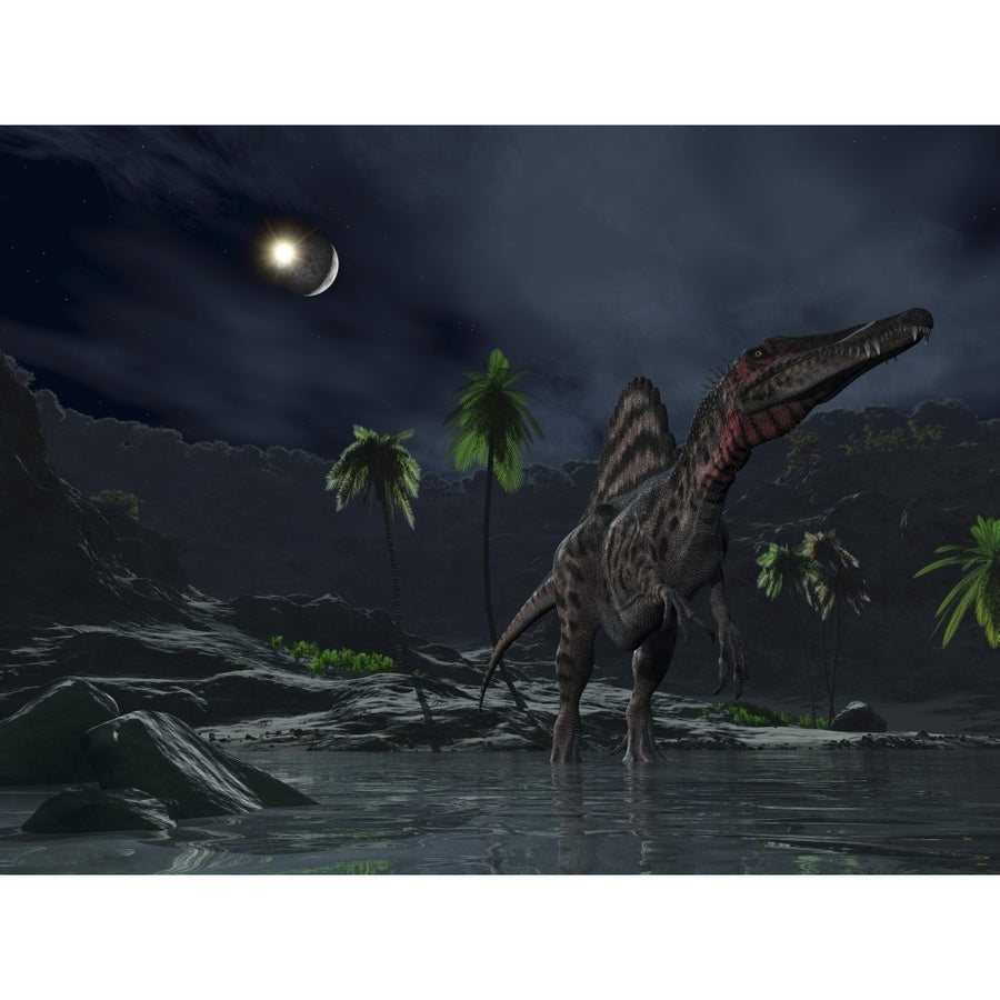 An asteroid impact on the moon while a Spinosaurus wanders in the foreground Poster Print Image 1