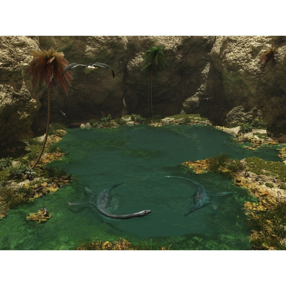 A pair of Elasmosaurus engage in a swimming courtship dance Poster Print Image 2