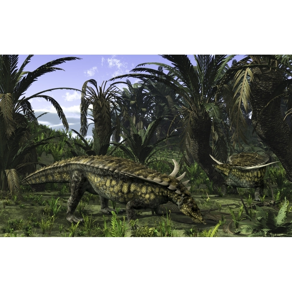 Desmatosuchus search for edible roots in a prehistoric landscape Poster Print Image 1