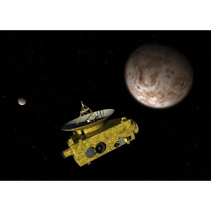 Horizons spacecraft over dwarf planet Pluto and its moon Charon Poster Print Image 1