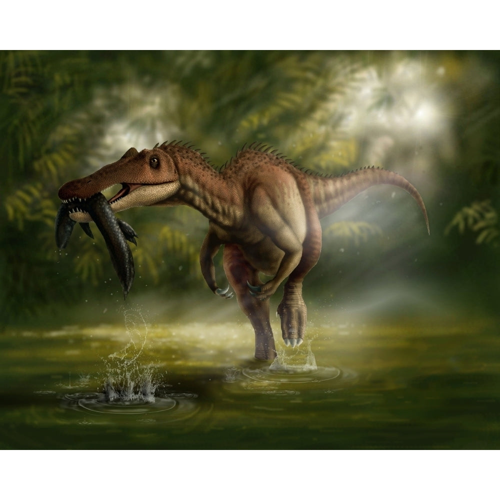 A Baryonyx dinosaur catches a fish out of water Poster Print Image 2