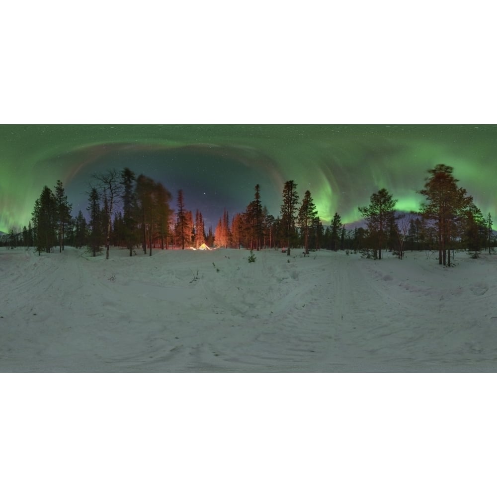 An aurora over the winter forest with glowing tent in the Kola Peninsula Russia. Poster Print by Yuri Zvezdny/Stocktrek Image 1