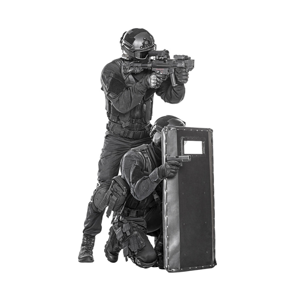 Team of SWAT police special forces with pistol and rifle hiding behind ballistic shield. Poster Print by Oleg Zabielin/ Image 1