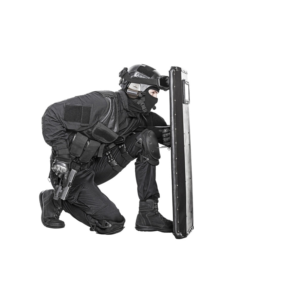 Studio shot of SWAT police special forces with pistol hiding behind ballistic shield. Poster Print by Oleg Zabielin/Stoc Image 1