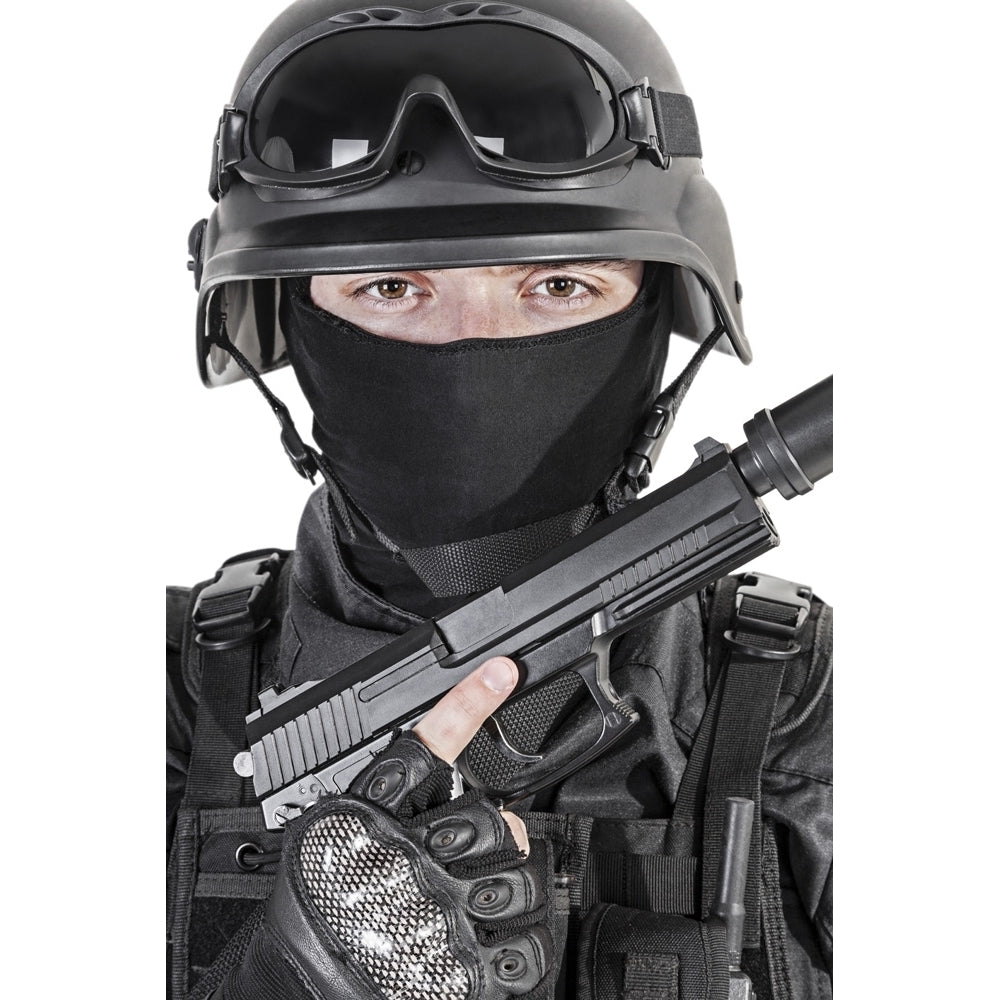 Spec ops police officer SWAT in black uniform with pistol. Poster Print by Oleg Zabielin/Stocktrek Images Image 1