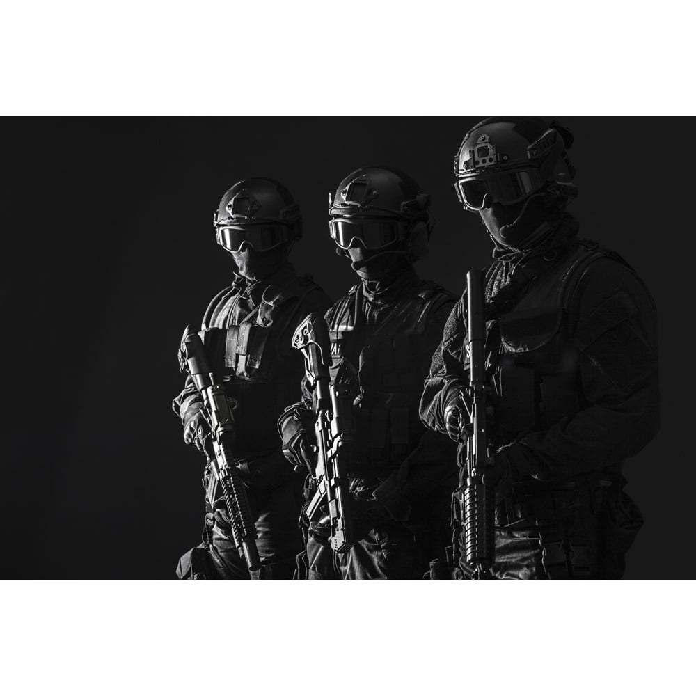 Spec ops police officers SWAT in black uniform and face mask studio shot. Poster Print by Oleg Zabielin/Stocktrek Image Image 1