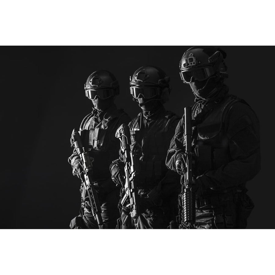 Spec ops police officers SWAT in black uniform and face mask studio shot. Poster Print by Oleg Zabielin/Stocktrek Image Image 1