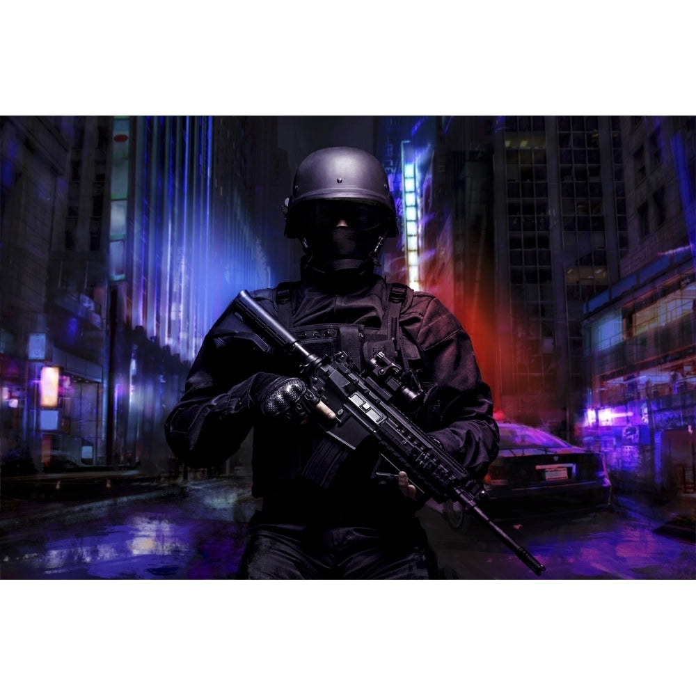 Spec ops police officer SWAT in black uniform on the street. Poster Print by Oleg Zabielin/Stocktrek Images Image 1