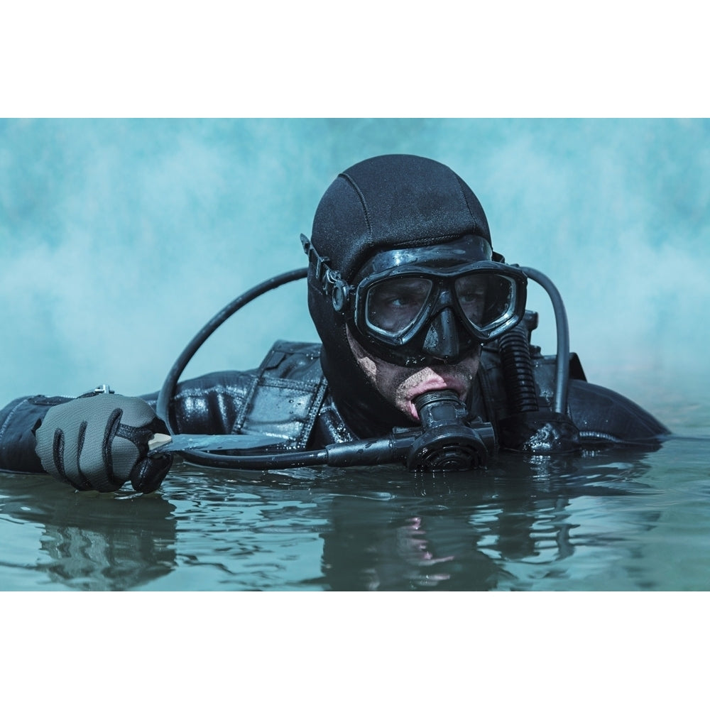 Frogman with complete diving gear and weapons in the water. Poster Print by Oleg Zabielin/Stocktrek Images Image 1