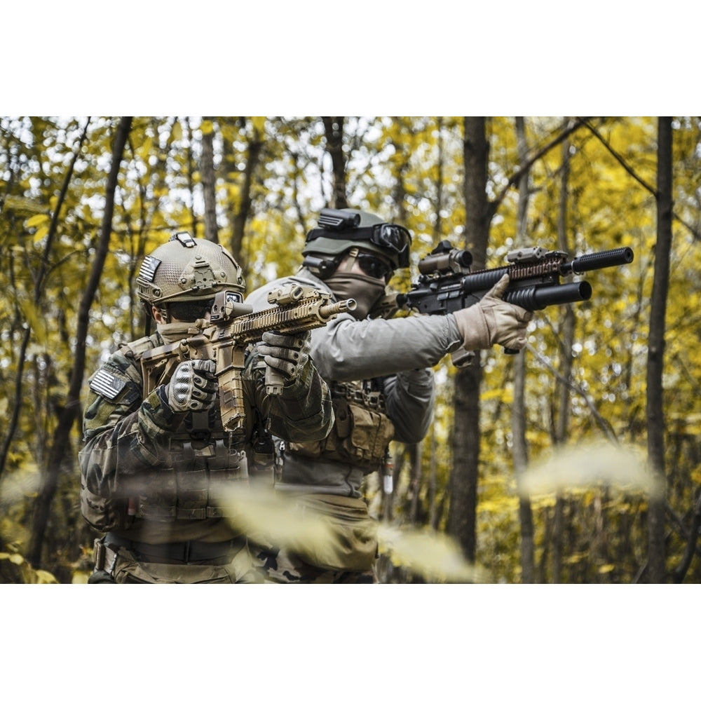 Two U.S. Marine Corps Marsoc raiders in camouflage uniforms in the forest. Poster Print by Oleg Zabielin/Stocktrek Image Image 1