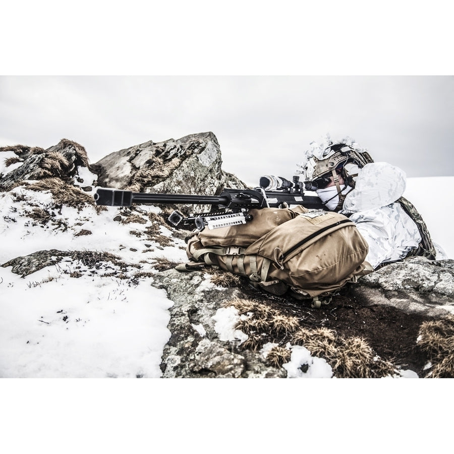 Army soldier with sniper rifle in action in the arctic. Poster Print by Oleg Zabielin/Stocktrek Images Image 1