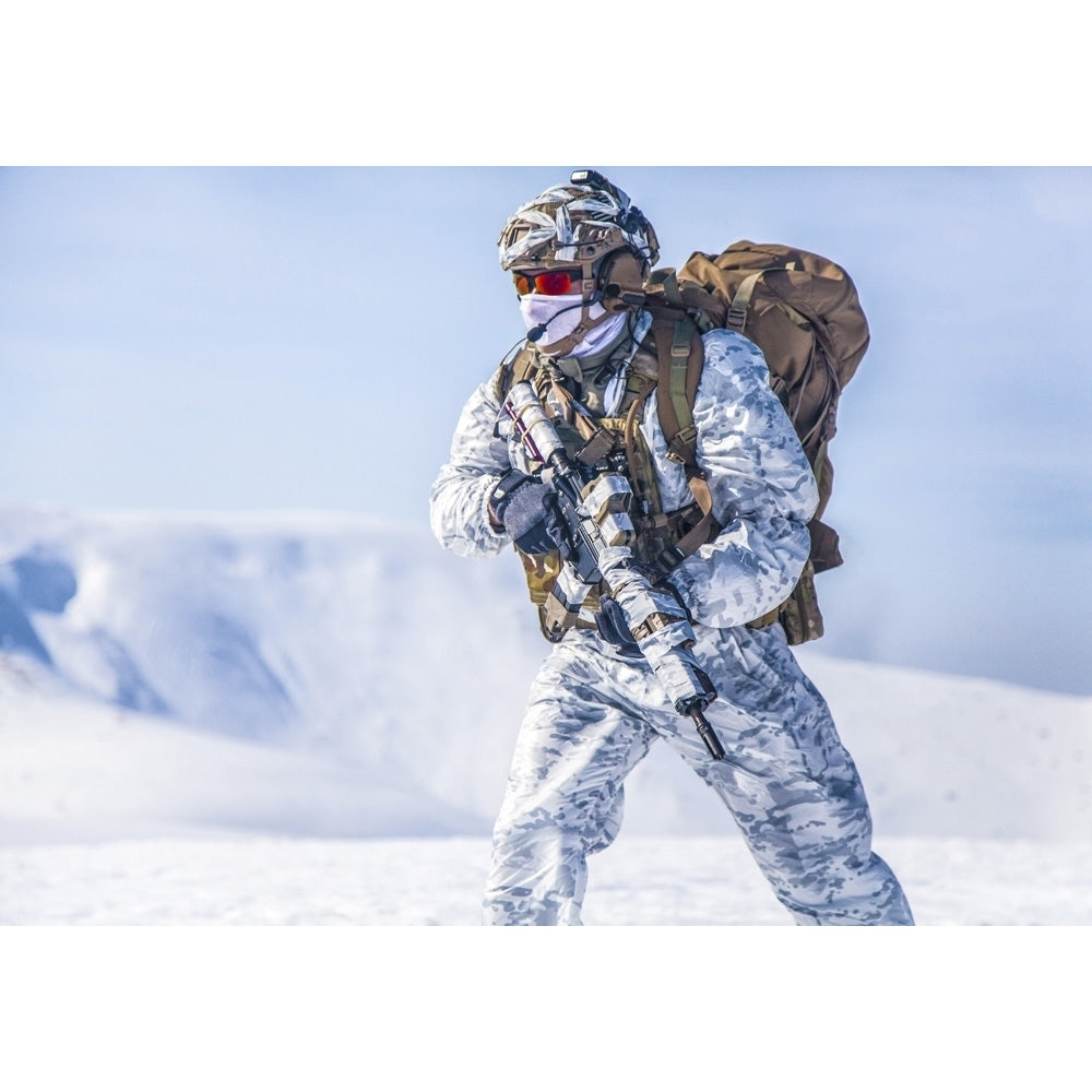 Army serviceman in winter camo somewhere in the Arctic. Poster Print by Oleg Zabielin/Stocktrek Images Image 1