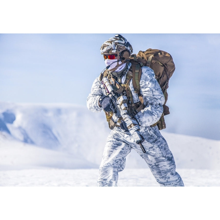 Army serviceman in winter camo somewhere in the Arctic. Poster Print by Oleg Zabielin/Stocktrek Images Image 1