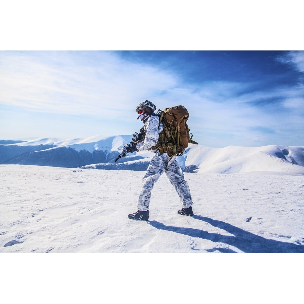 Army serviceman in winter camo somewhere in the Arctic. Poster Print by Oleg Zabielin/Stocktrek Images Image 1