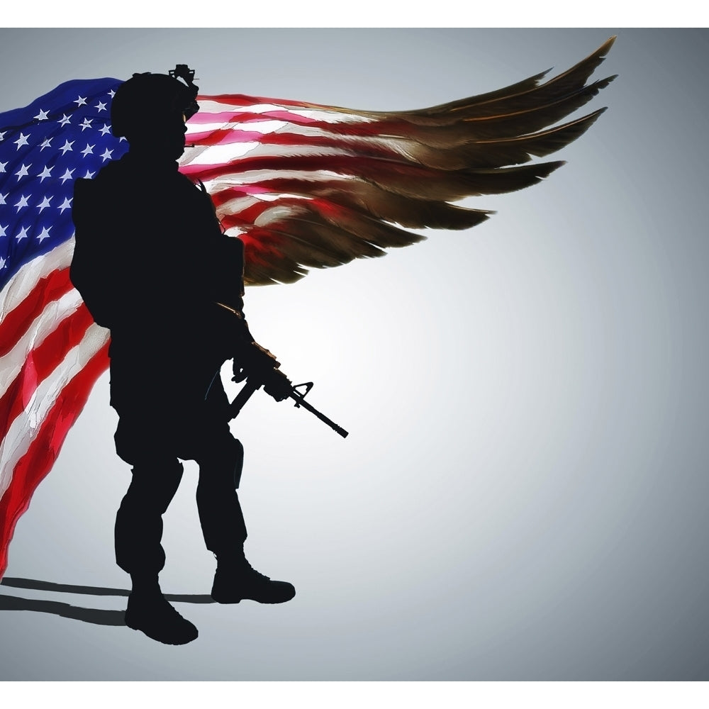 Silhouette of Army soldier in front of stylized U.S. flag in the form of huge wing. Poster Print by Oleg Zabielin/Stockt Image 1