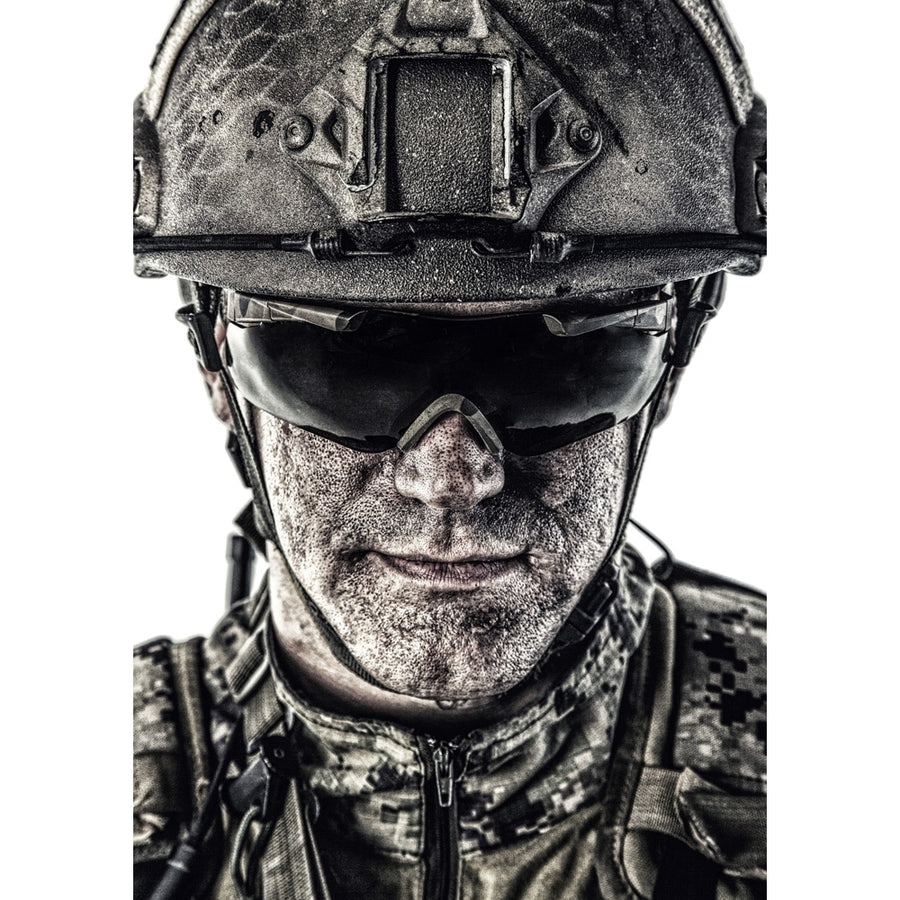 Close-up portrait of special forces soldier in combat helmet and protective glasses. Poster Print by Oleg Zabielin/Stock Image 1