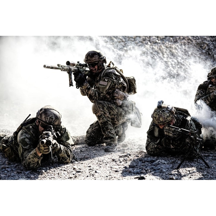 Squad of special forces in action in the desert covered by smoke screen. Poster Print by Oleg Zabielin/Stocktrek Images Image 1