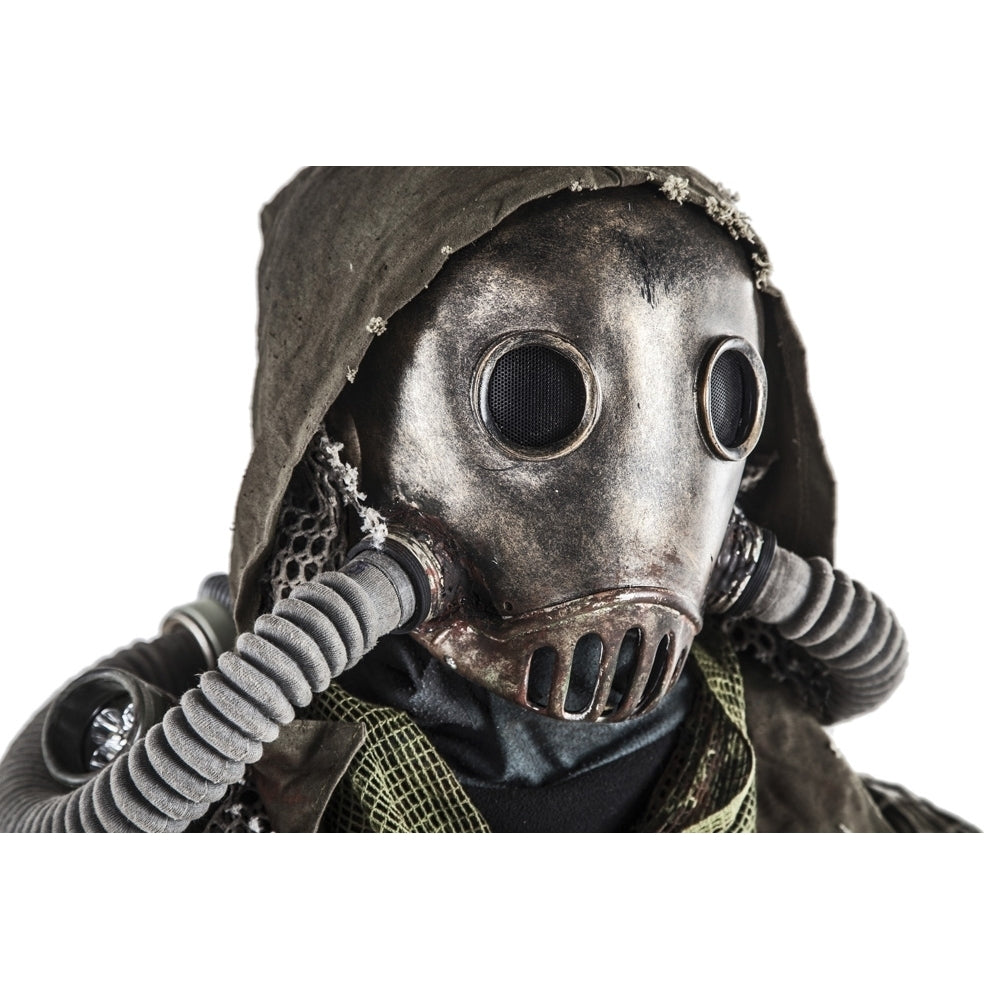 Close-up portrait of post-apocalypse survivor wearing rags and full-face gas mask. Poster Print by Oleg Zabielin/Stocktr Image 1