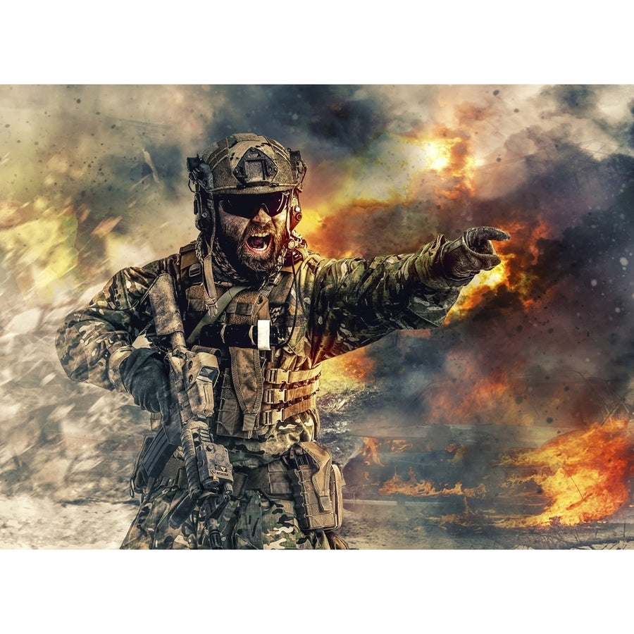 Special forces soldier giving attack directions with heavy explosions in the background. Poster Print by Oleg Zabielin/S Image 1