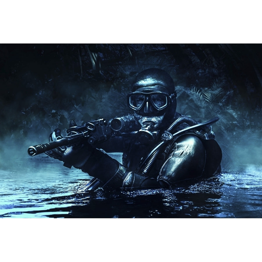 Frogman rises from the water on a dark moonlit night in the jungle. Poster Print by Oleg Zabielin/Stocktrek Images Image 1