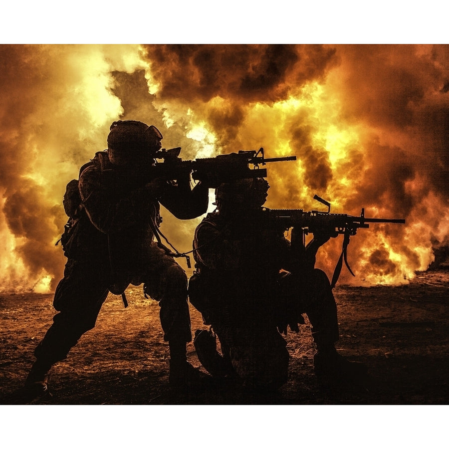 Silhouette of two soldiers attacking enemy while surrounded by fire and smoke. Poster Print by Oleg Zabielin/Stocktrek I Image 1