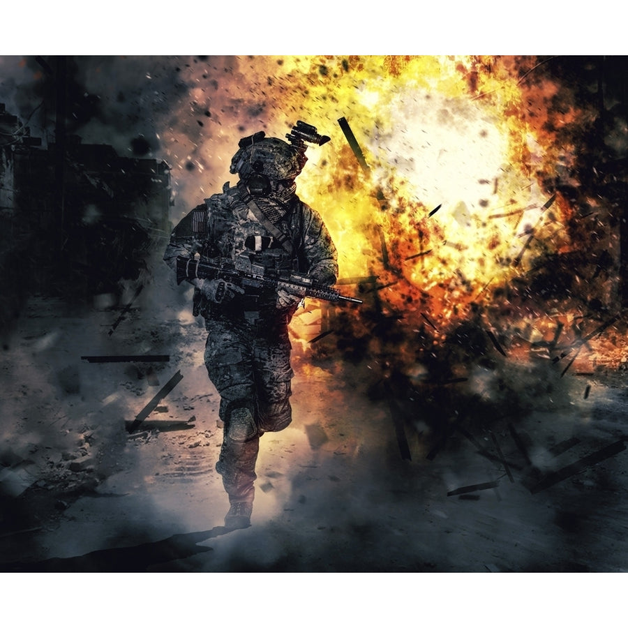 Army soldier in action. Great explosion with fire and smoke billows in the background. Poster Print by Oleg Zabielin/Sto Image 1