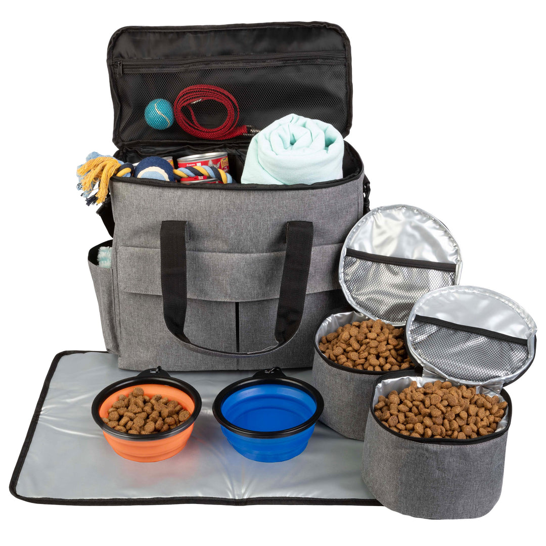 Dog Travel Bag Case Gray 300D Oxford Fabric with Collapsible Food Water Bowls Image 1