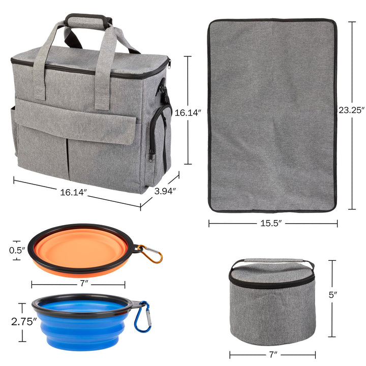 Dog Travel Bag Case Gray 300D Oxford Fabric with Collapsible Food Water Bowls Image 2