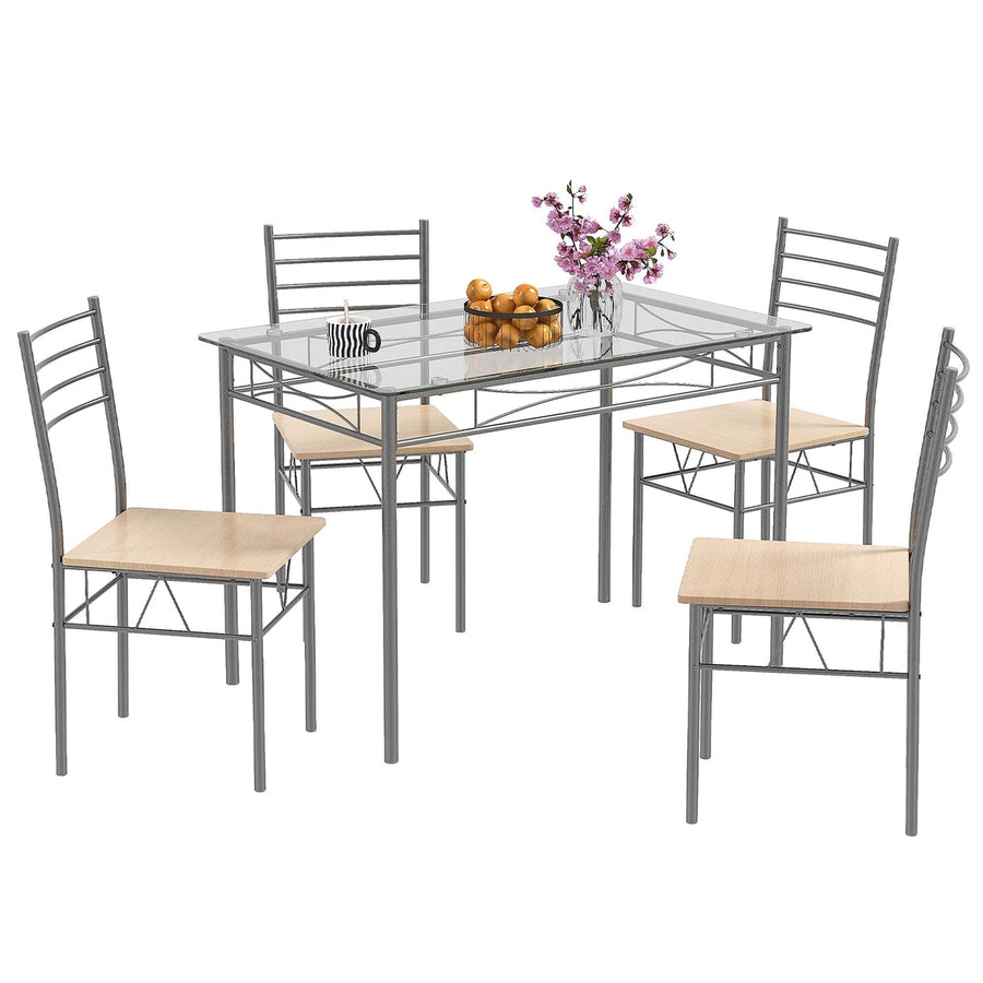 5 Piece Dining Set Table and 4 Chairs Glass Top Kitchen Breakfast Furniture Brown Image 1