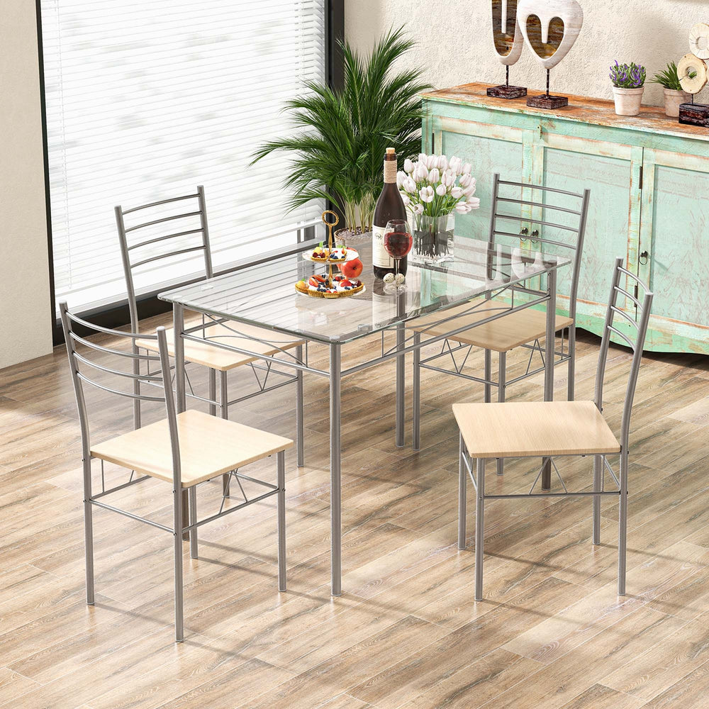 5 Piece Dining Set Table and 4 Chairs Glass Top Kitchen Breakfast Furniture Brown Image 2