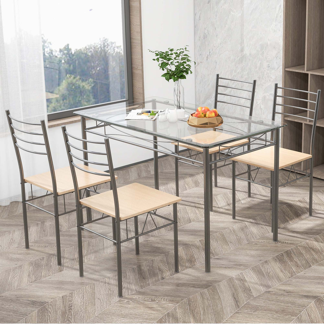 5 Piece Dining Set Table and 4 Chairs Glass Top Kitchen Breakfast Furniture Brown Image 4