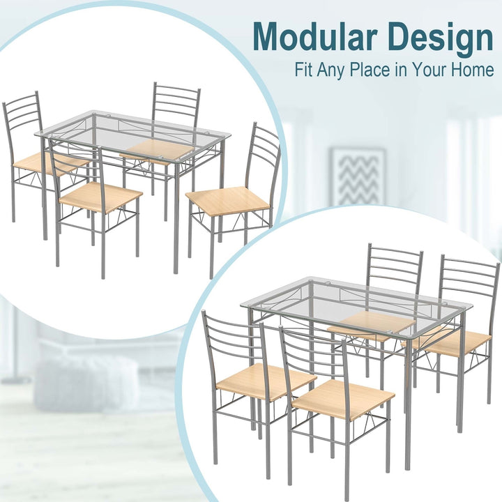 5 Piece Dining Set Table and 4 Chairs Glass Top Kitchen Breakfast Furniture Brown Image 5