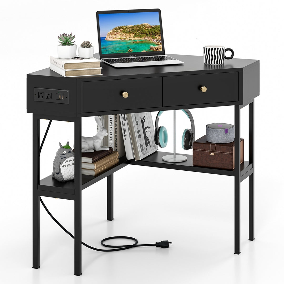 Costway Corner Computer Desk Writing Workstation Study Desk w/ 2 Drawers White\Black\Gold Image 3