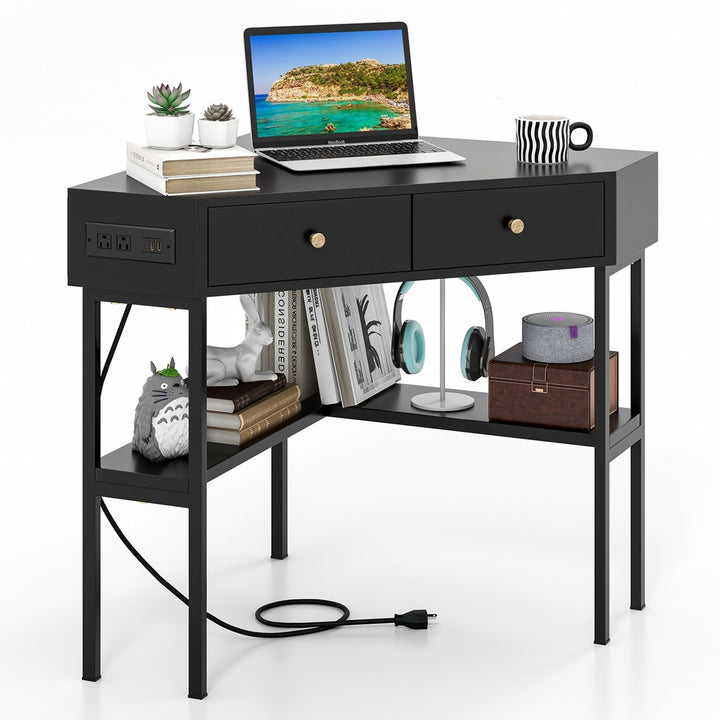 Costway Corner Computer Desk Writing Workstation Study Desk w/ 2 Drawers White\Black\Gold Image 3