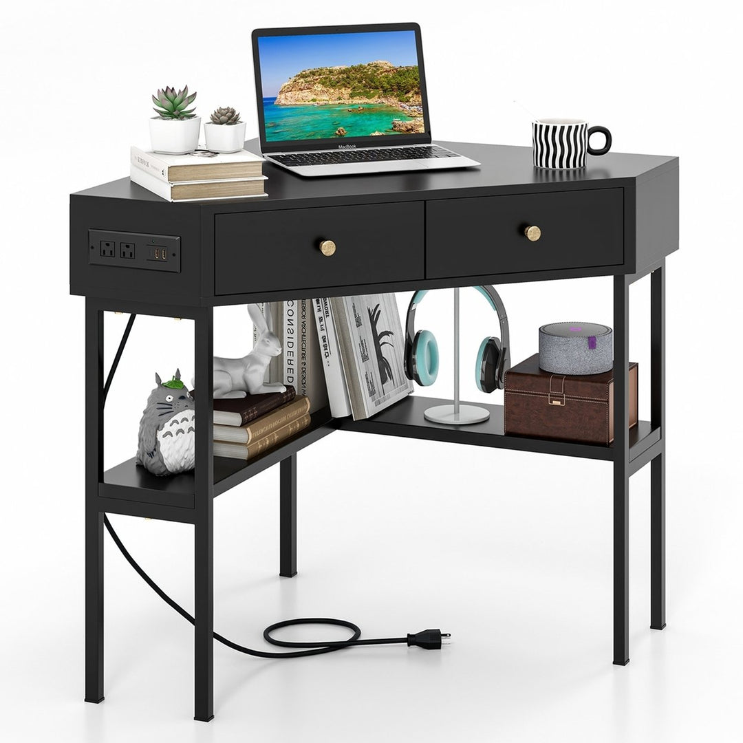 Costway Corner Computer Desk Writing Workstation Study Desk w/ 2 Drawers White\Black\Gold Image 1