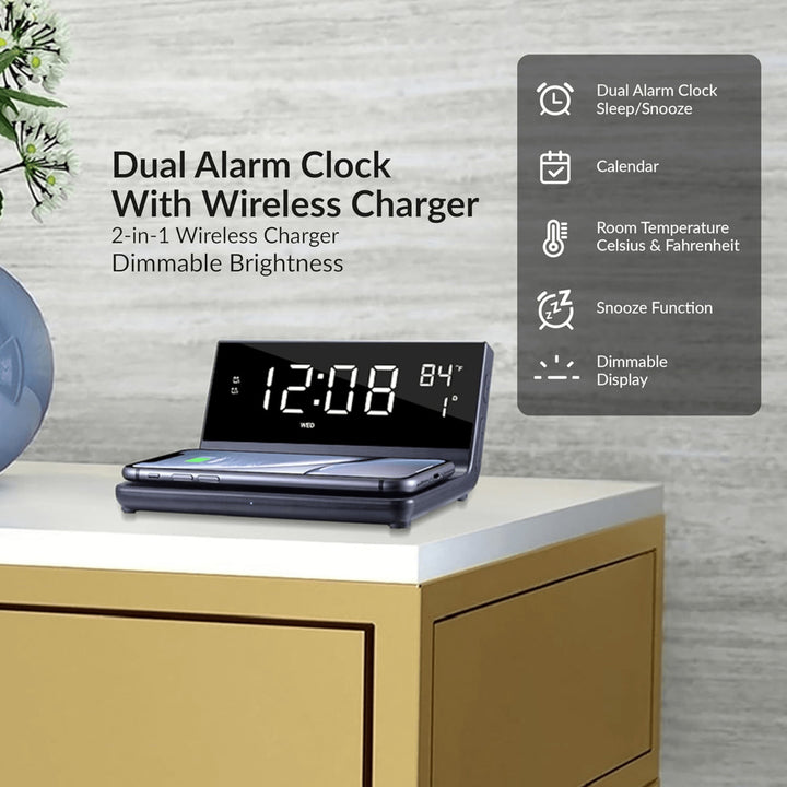 Supersonic Dual Alarm Clock 2-in-1 Wireless Charger SC-6025QI Temperature Display Image 4