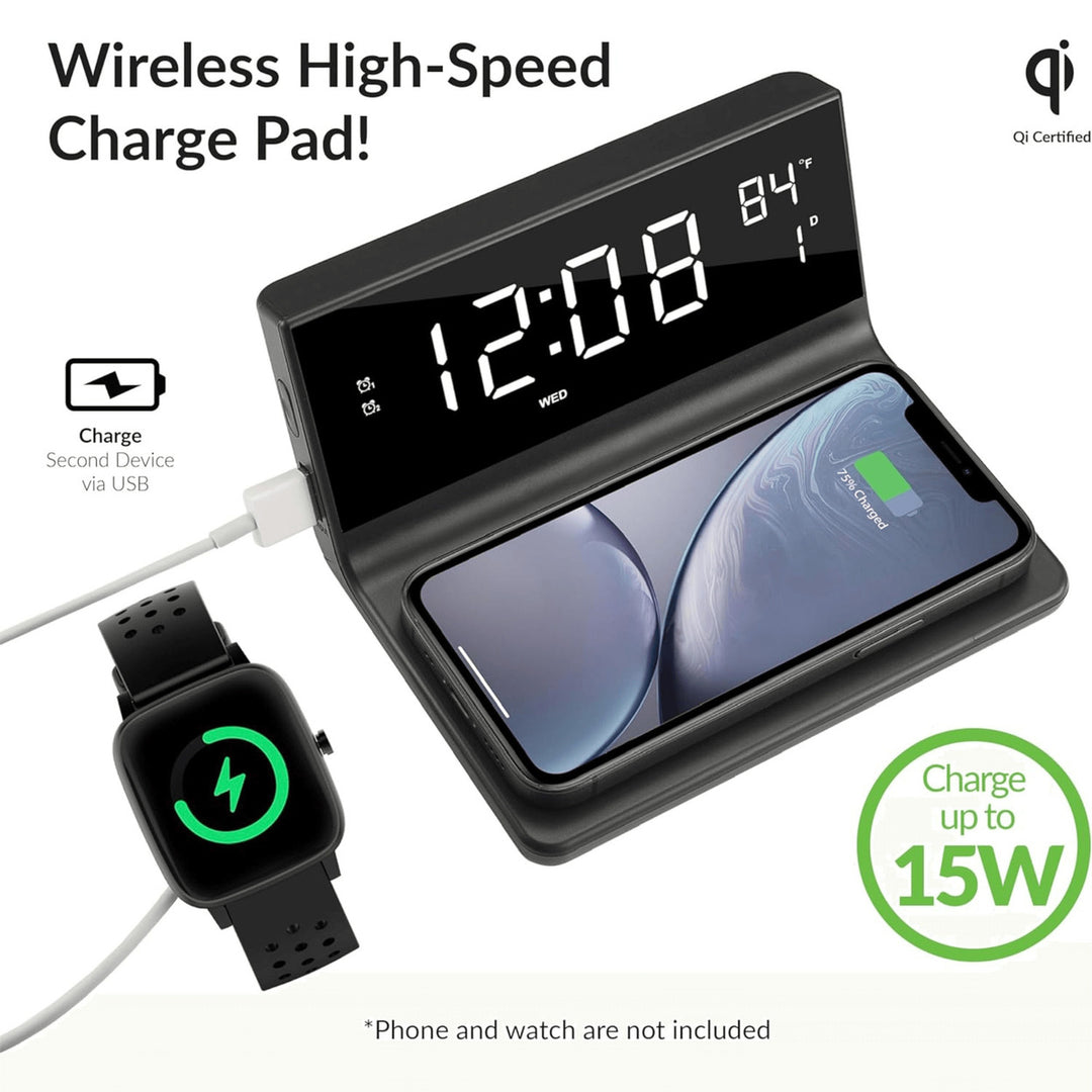 Supersonic Dual Alarm Clock 2-in-1 Wireless Charger SC-6025QI Temperature Display Image 6