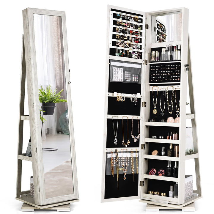 Costway 360degree Rotatable Jewelry Cabinet 2-in-1 Lockable Mirrored Organizer White/Black/Dark Brown Image 4