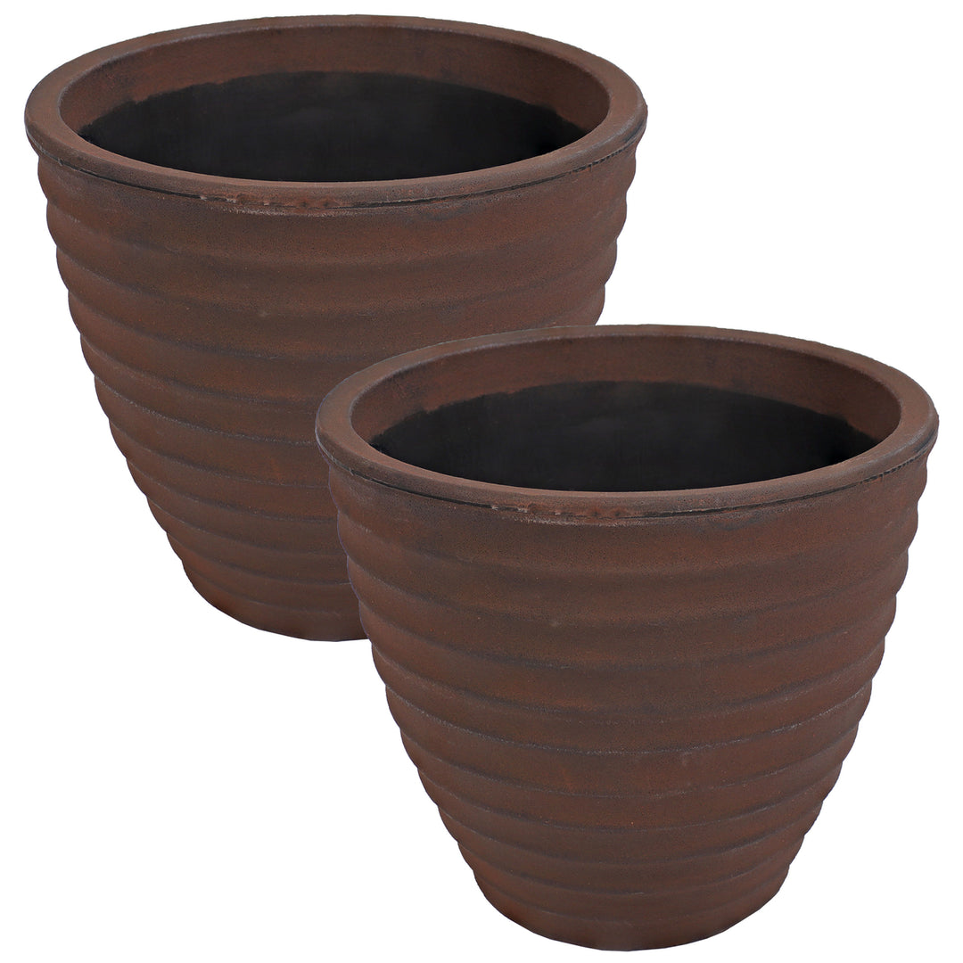 Sunnydaze 16 in Ribbed Polyresin Outdoor Planter - Rust - Set of 2 Image 1